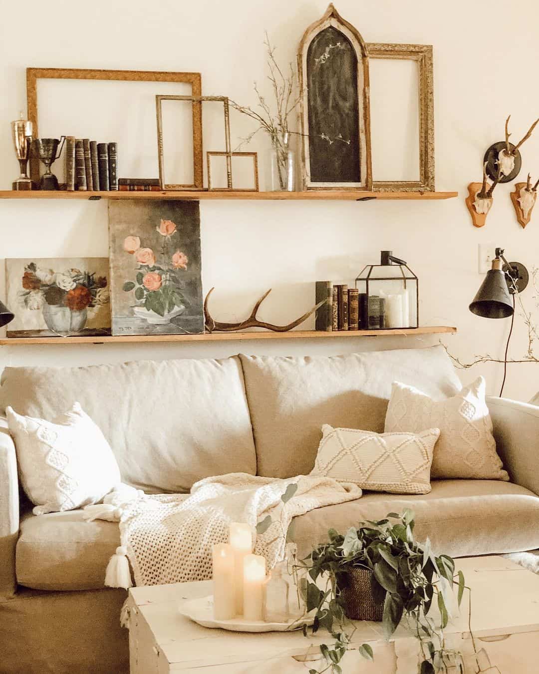 Layered Empty Frames Add Architectural Interest Above Shelves