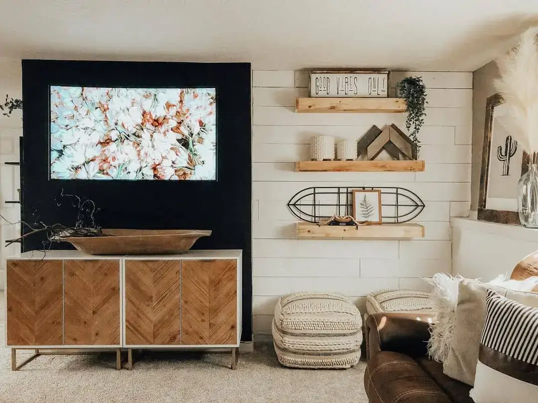 Showcase Geometric Art and Greenery on Wooden Shelves