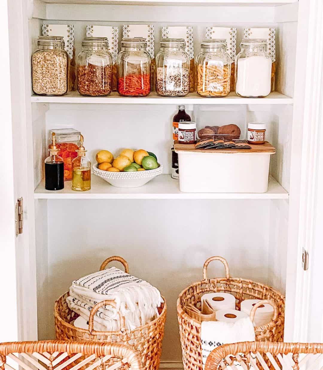 Contain Linens and Toiletries on the Floor with Woven Baskets
