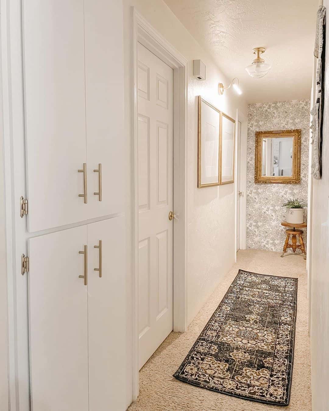 Introduce Warmth with a Patterned Runner in a Neutral Hallway
