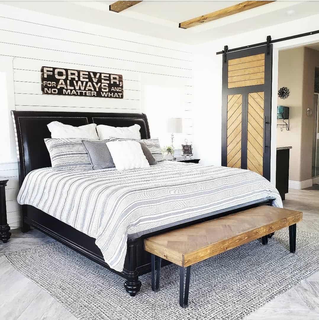Anchor Your Farmhouse Bedroom with a Dark Upholstered Headboard