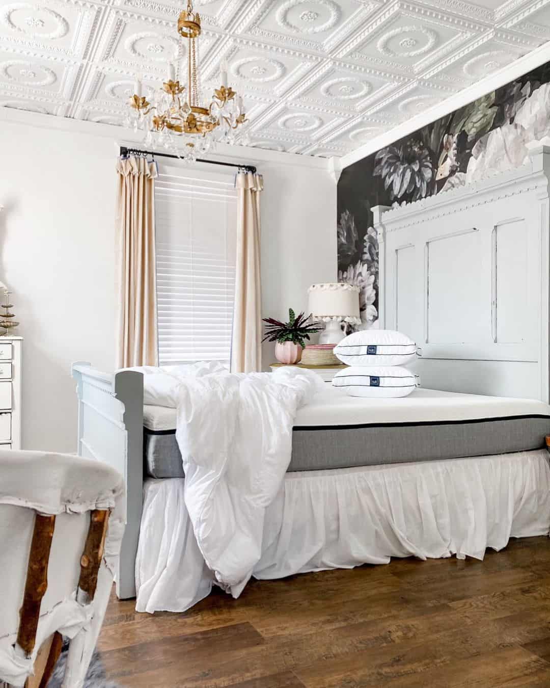 Panel Headboard With Subtle Floral Wallpaper Accent