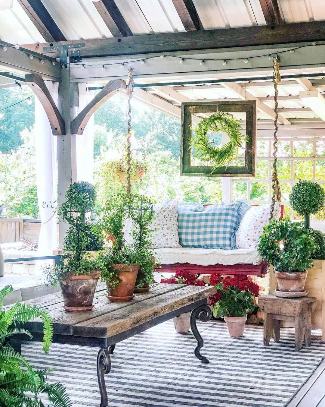 Framed Fern Wreath Adds Natural Art to Porch Ceiling