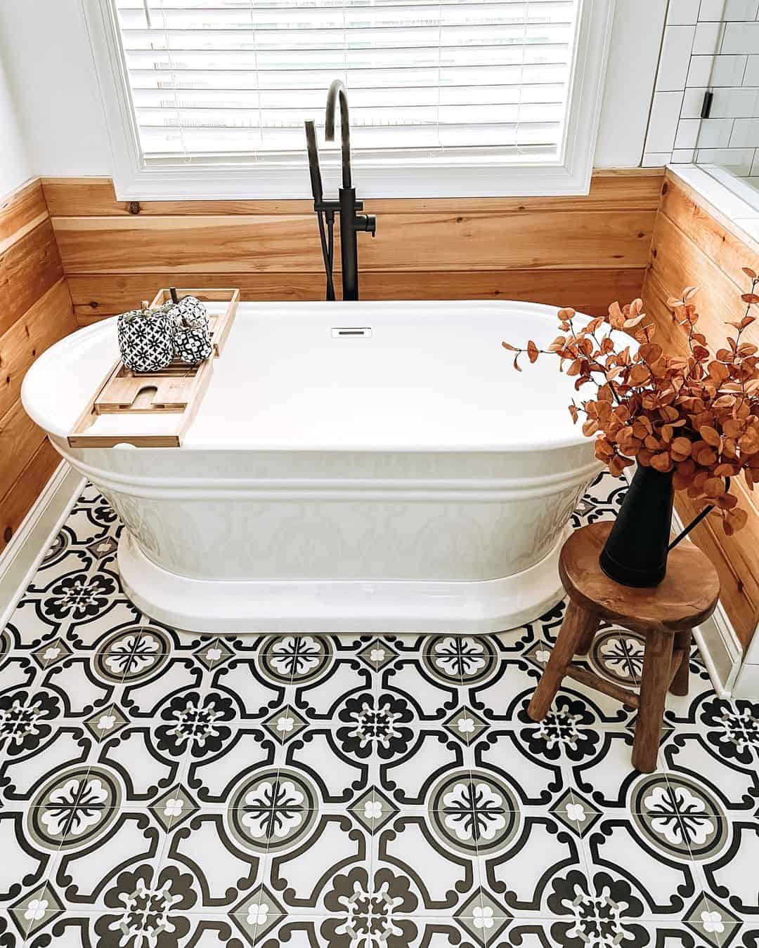 Ornate Tiles Frame a Freestanding Tub