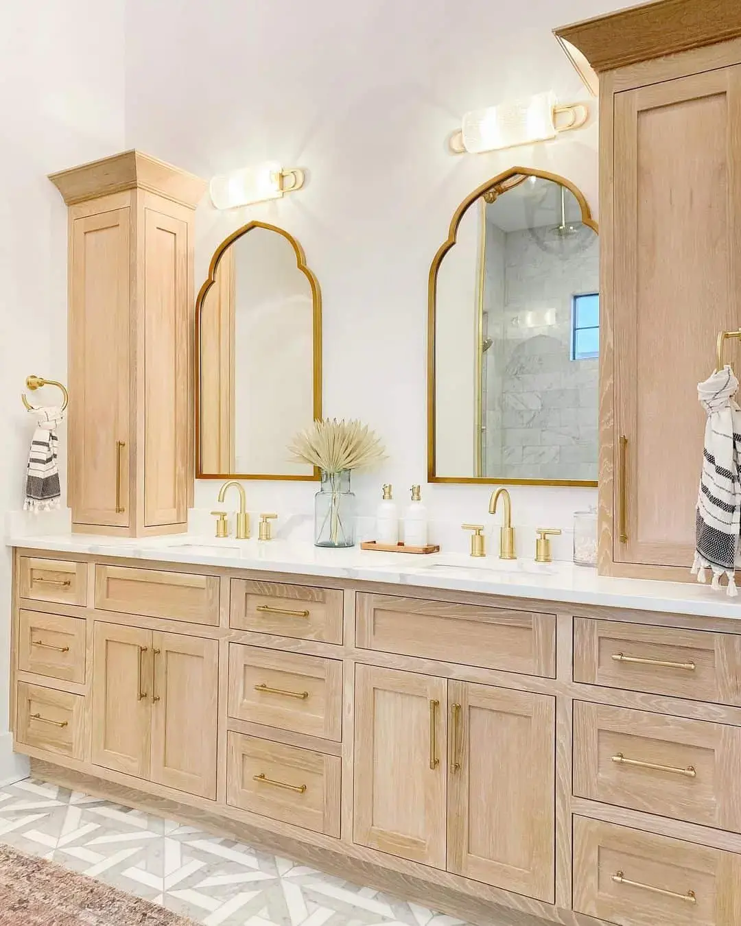 Soften a Vanity with Arched Gold Mirrors