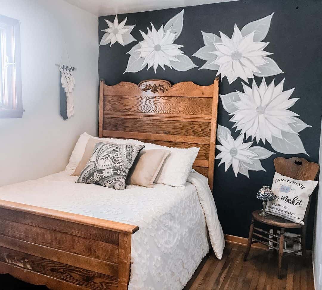 Large White Poppies Painted on a Dark Accent Wall