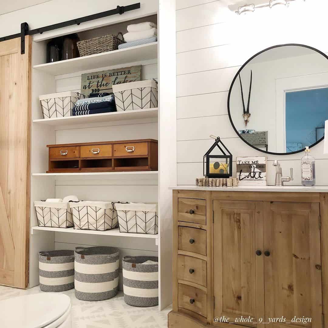 Open Shelving With Patterned Baskets and Striped Totes