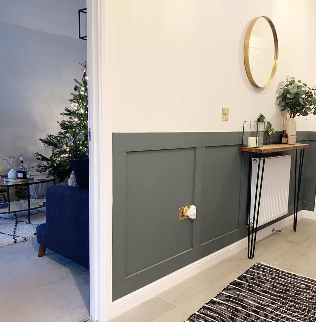 Dramatic Hallway with Dark Gray Wainscoting