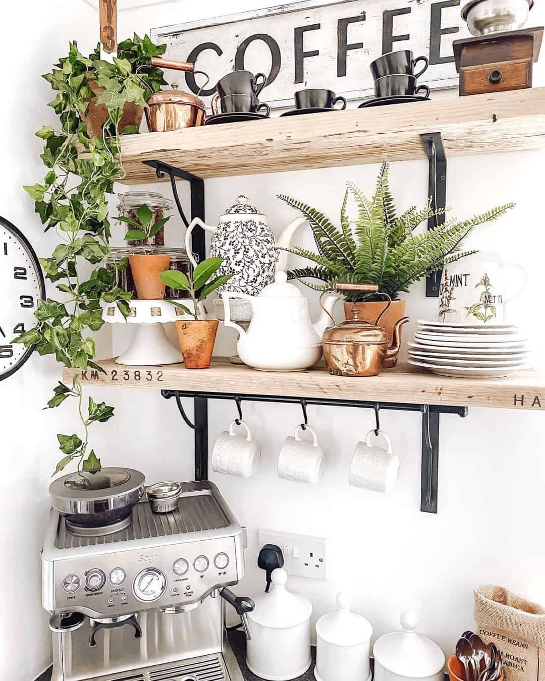 Incorporate Copper Accents for Warmth on Open Shelving