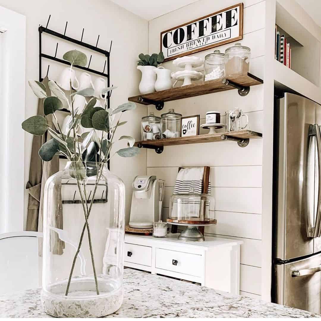 Rustic Shelving With Industrial Pipe Brackets Holds Coffee Essentials
