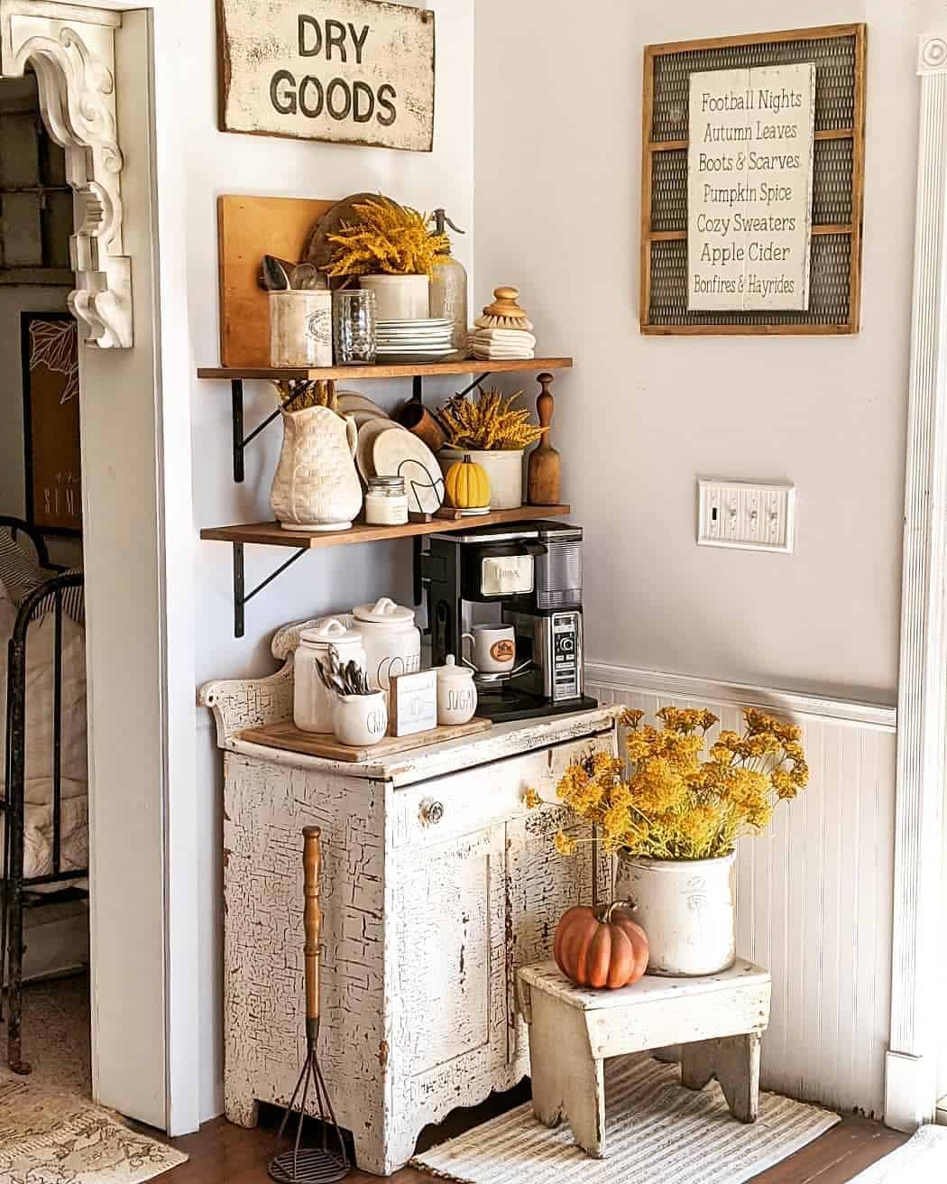 Layer Open Shelves Above a Distressed Cabinet for Ample Storage