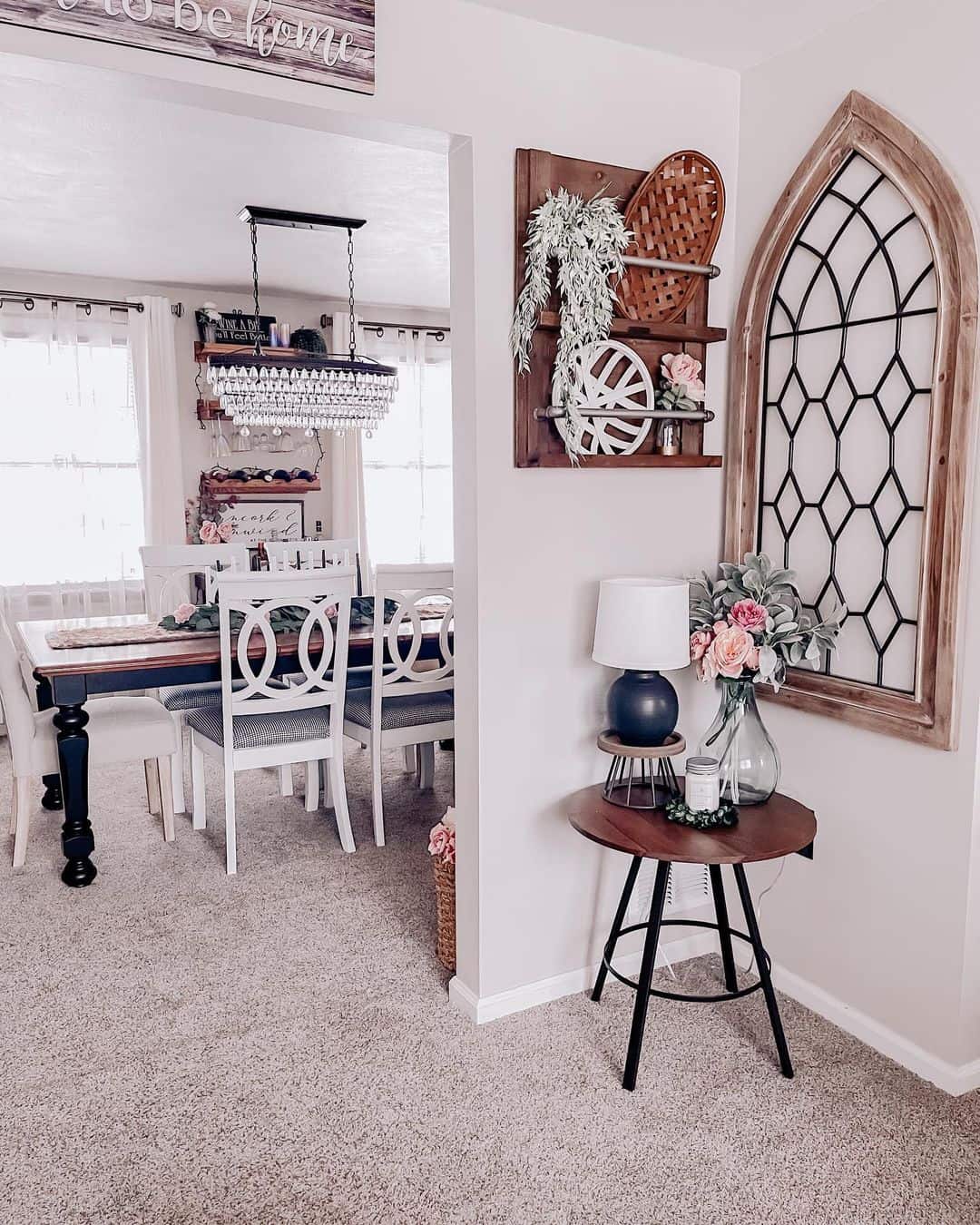 Wooden Wall Shelf Displays Baskets and Faux Greenery
