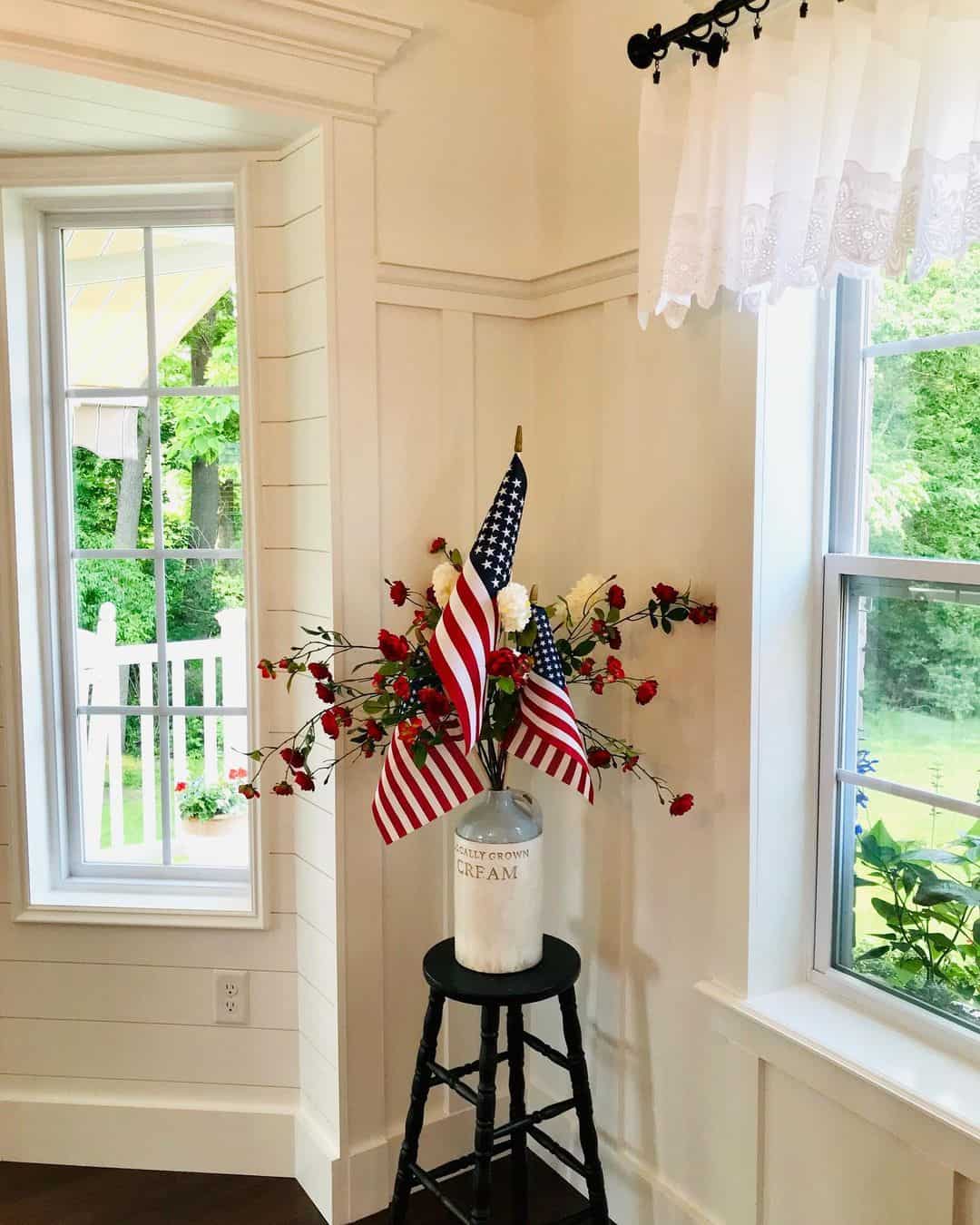 Vintage Jug Displays Patriotic Flowers and Flags