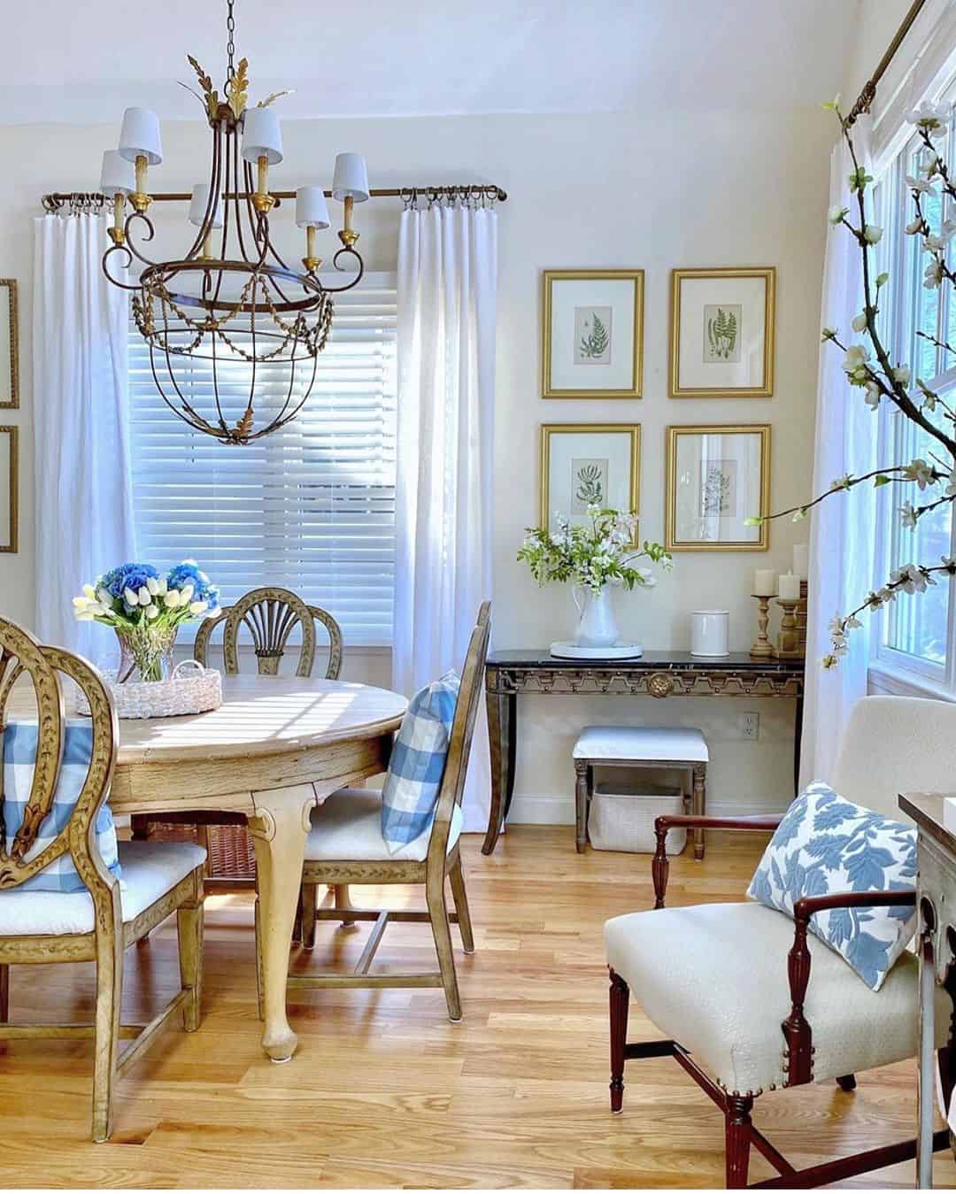Gold-Framed Botanical Prints Create a Balanced Wall Display