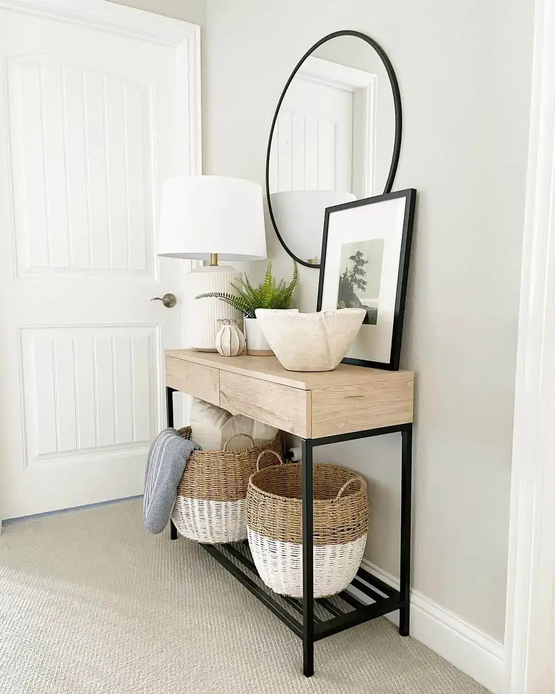 Two-Tone Woven Baskets Add Casual Storage Below