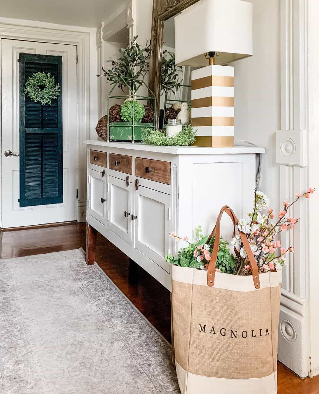 Burlap Tote Bag Holds Spring Blooms for Entryway Accent