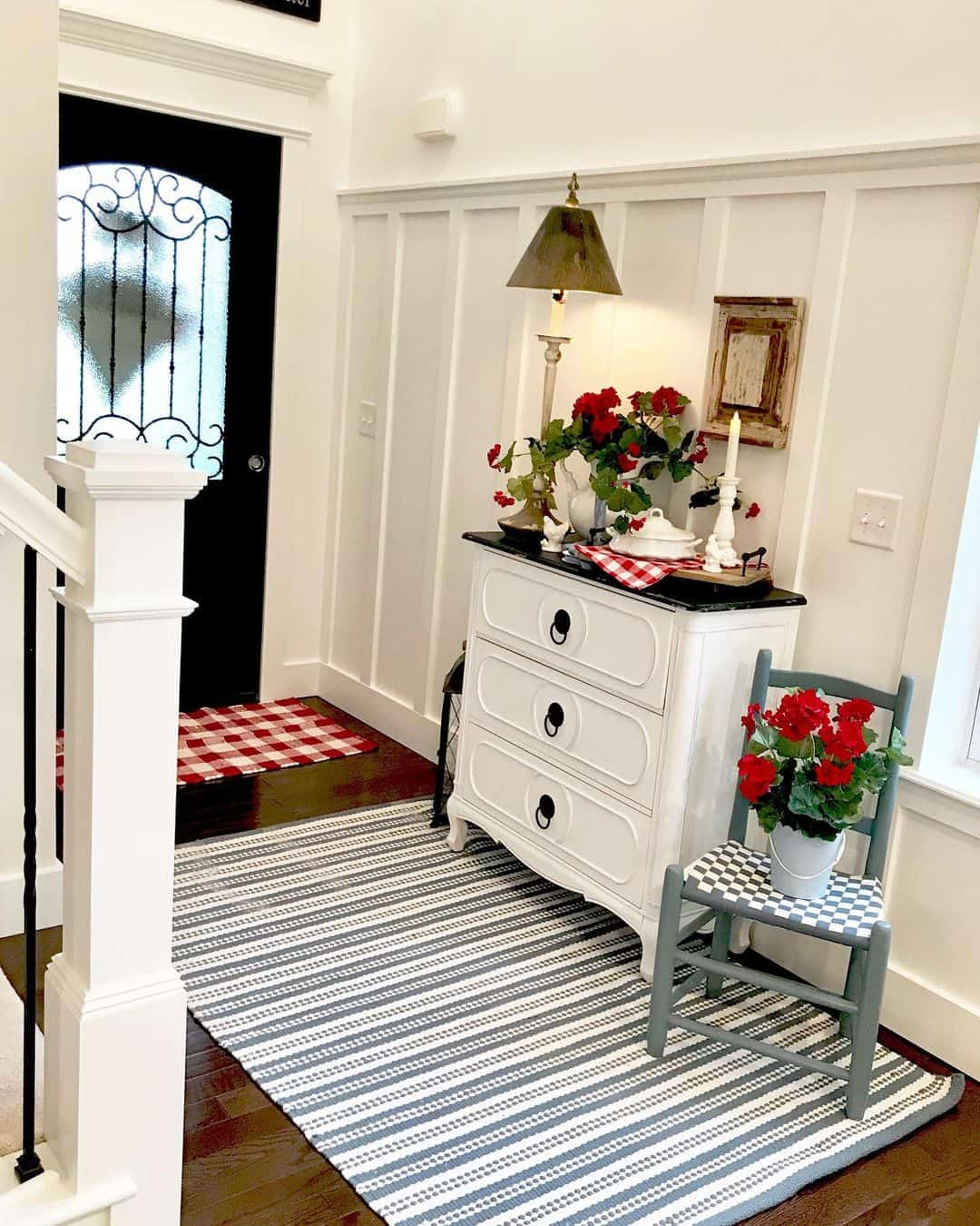 White Dresser with Red Accents Offers a Farmhouse Feel