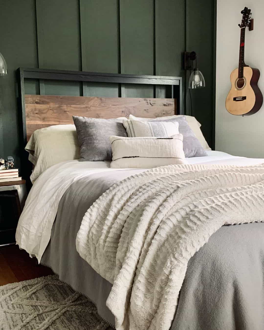 Vertical Paneling Frames a Wood-Inlay Headboard