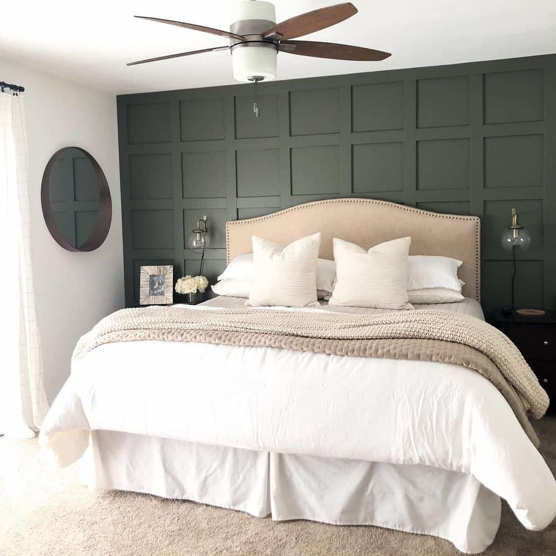 Deep Green Board and Batten Walls Create a Moody Bedroom
