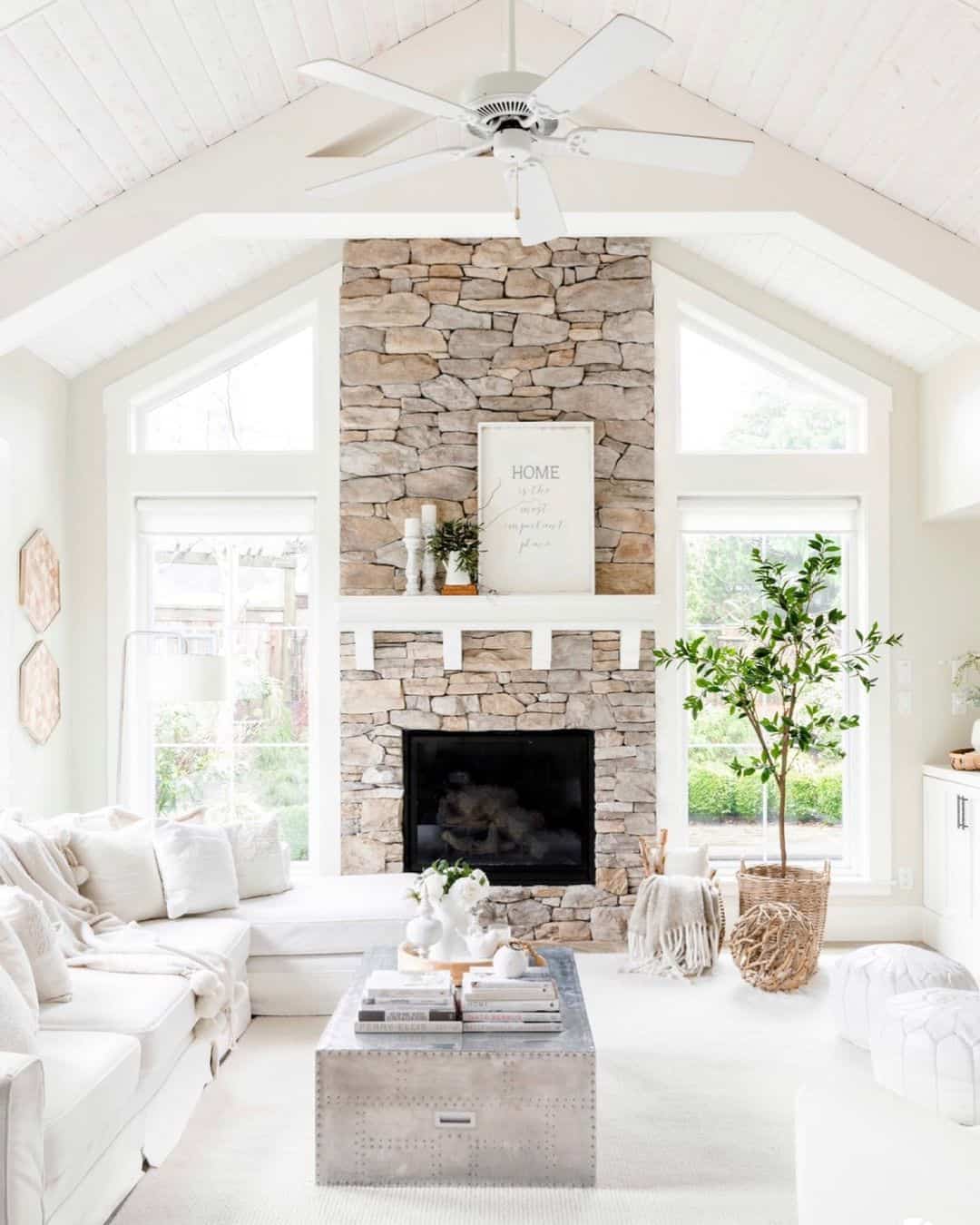 Anchor your room with a stone fireplace and white trim