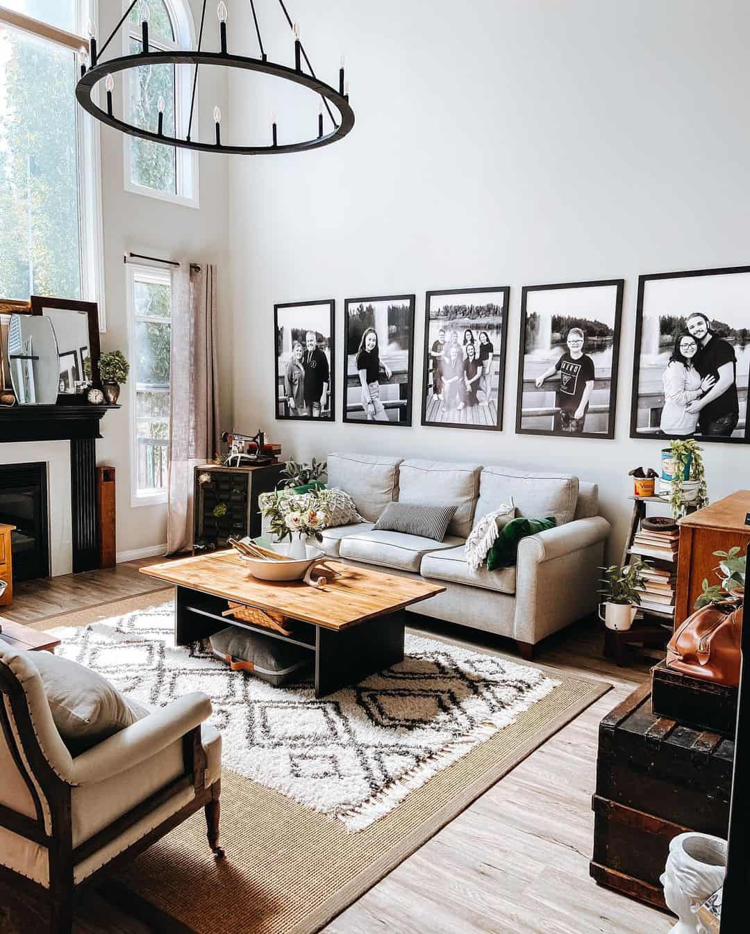 Five large black-framed family photos create a gallery wall
