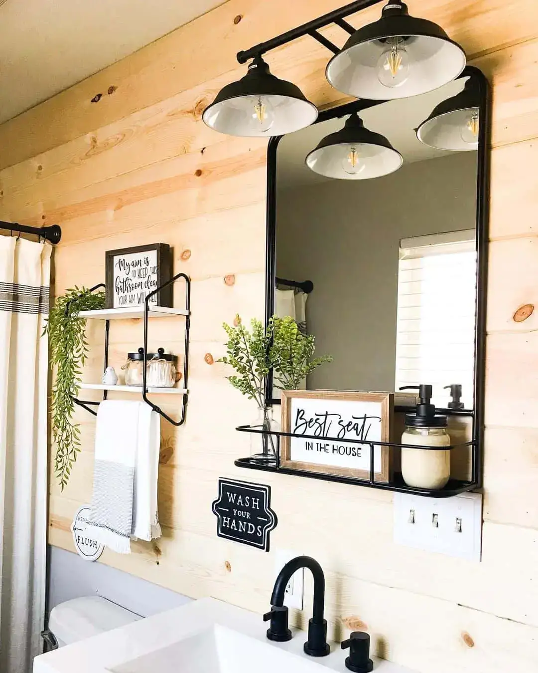 Black Metal Shelf Frames A Humorous Sign and Dispenser