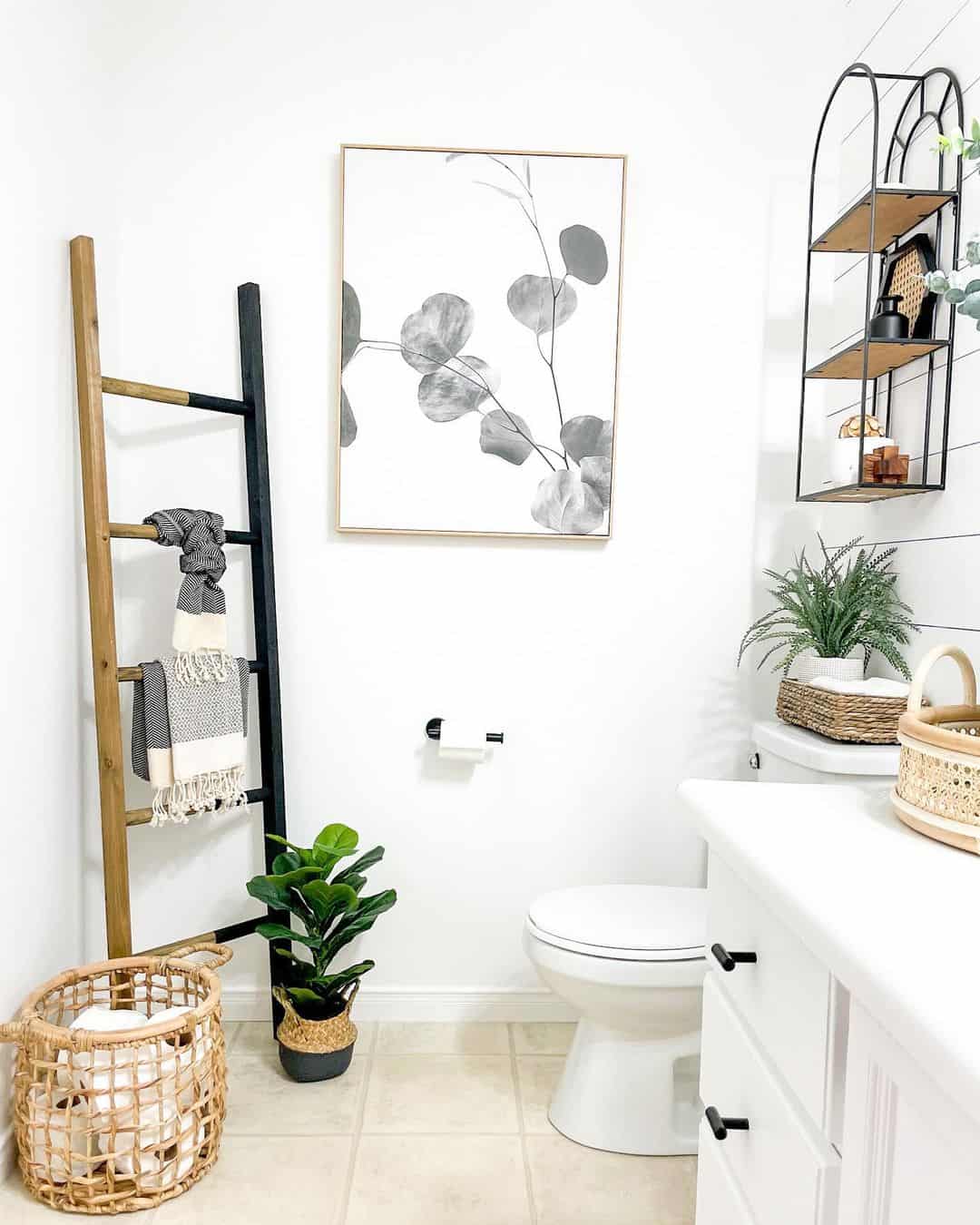 Lean a Wooden Ladder for Towel and Basket Storage