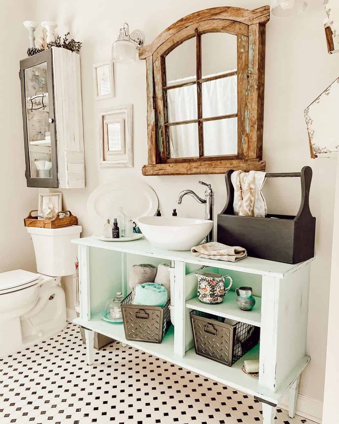 Distressed Wooden Window Frame Mirrors the Farmhouse Vanity