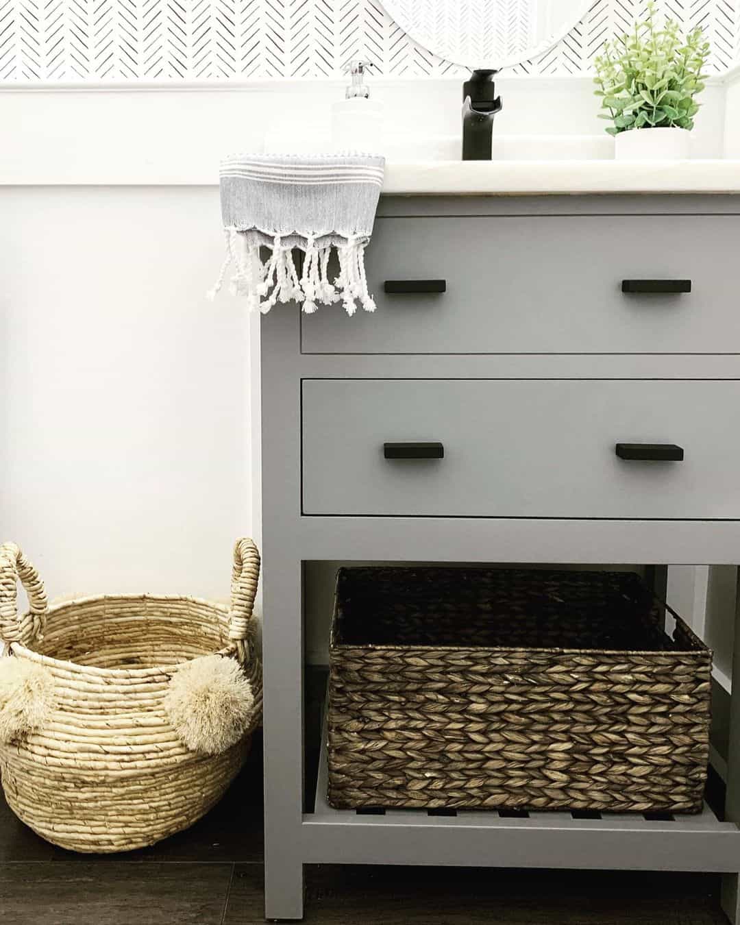 Round Pom-Pom Basket Adds Whimsical Storage Next to Vanity