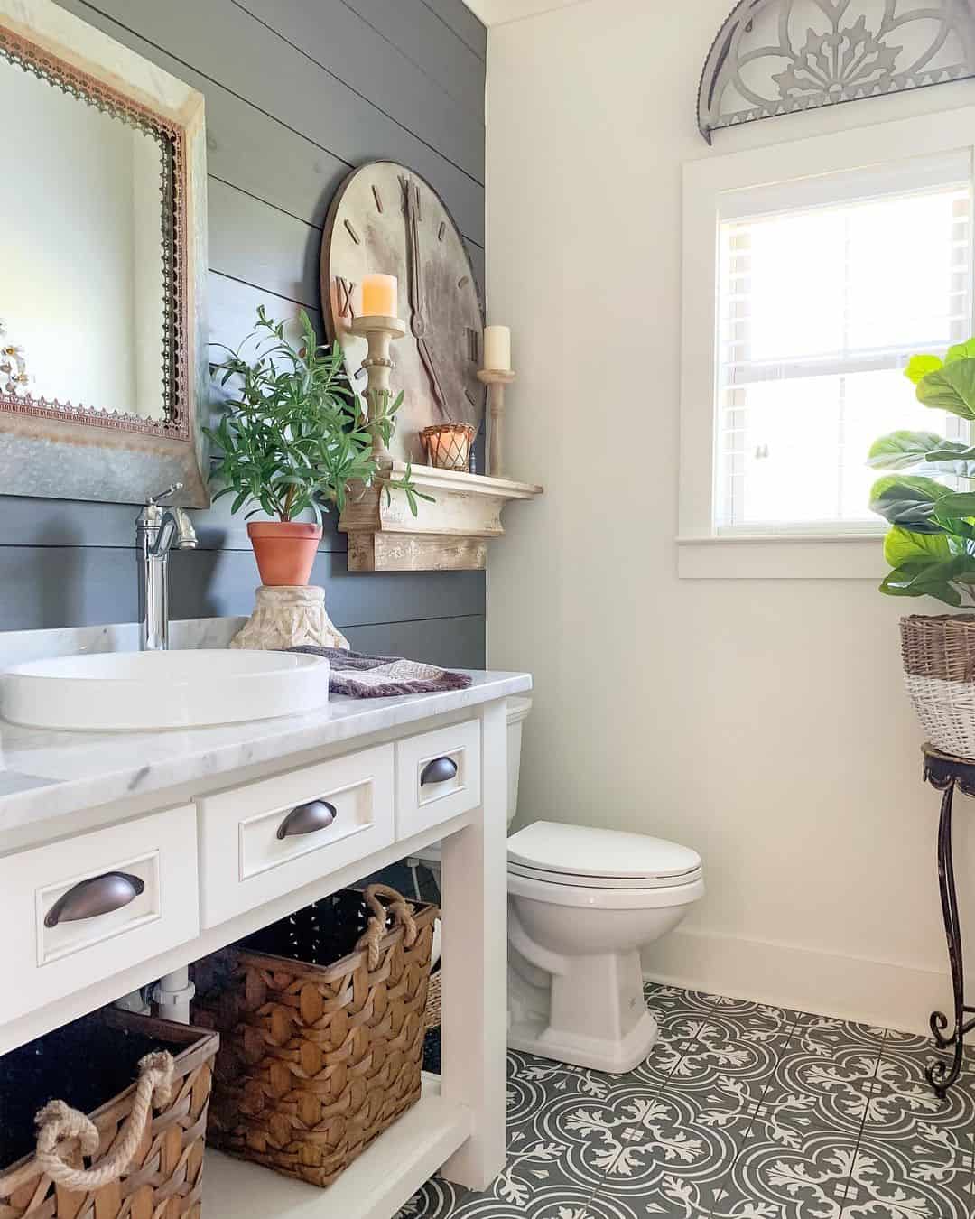Distressed Wood Shelf Holds Candles and Greenery Above Vanity