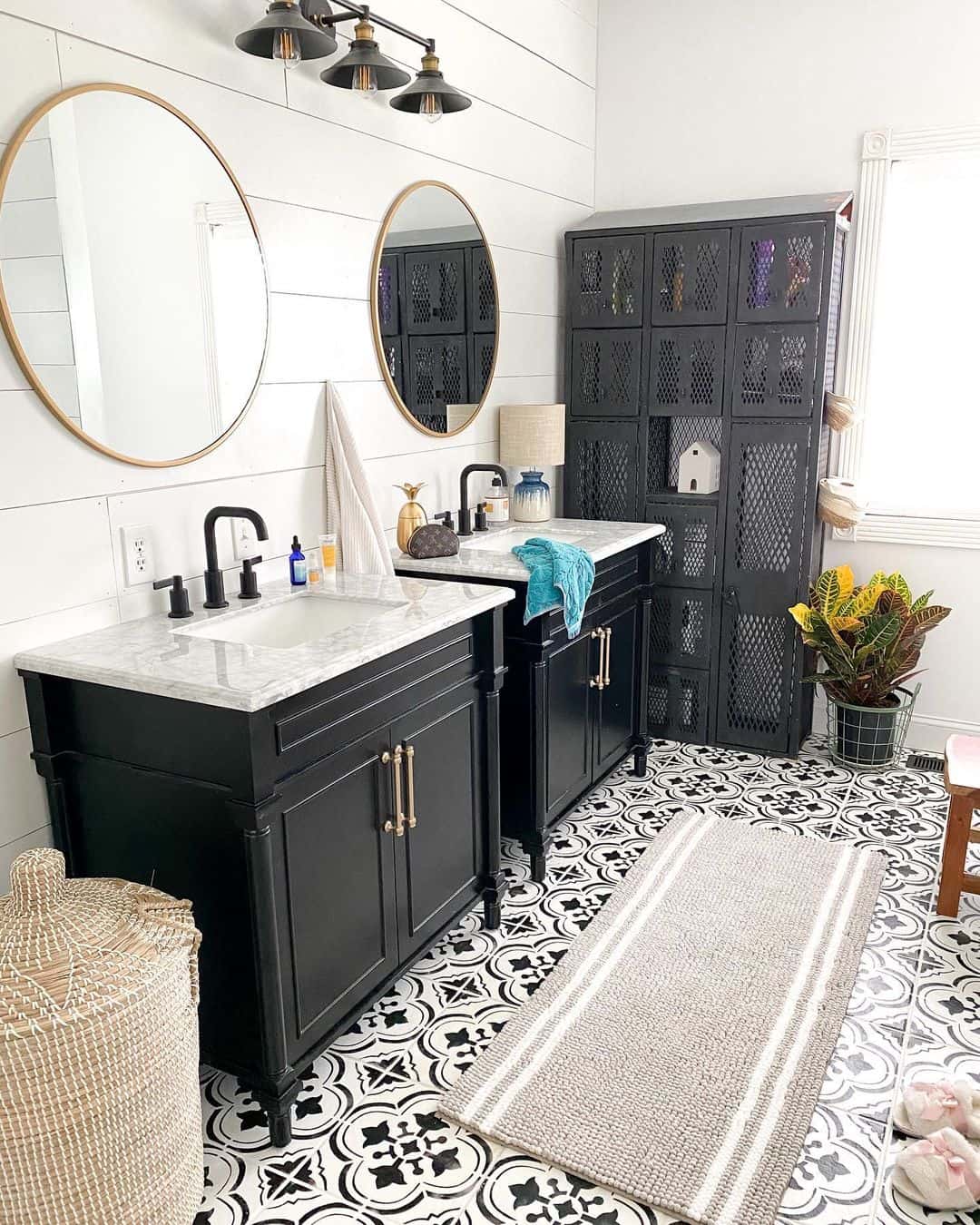 Black Lockers Add Industrial Contrast to Farmhouse Vanities