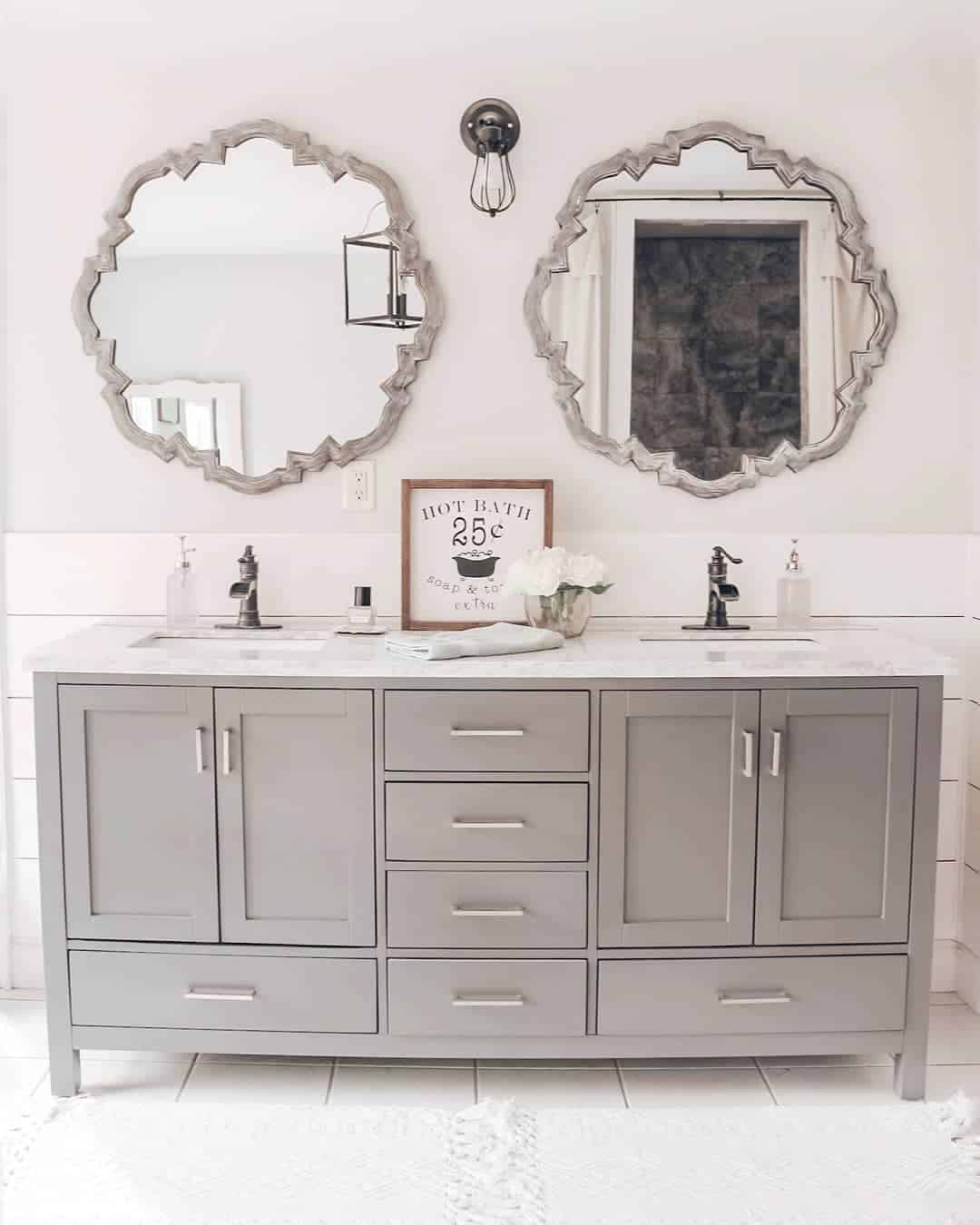 Scalloped Mirrors Complement a Shiplap Accent Wall