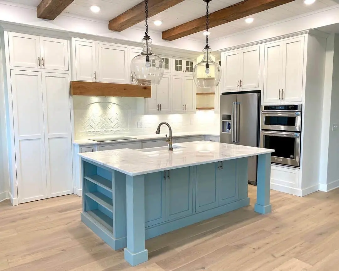 Pale Blue Island Base With Open Shelving for Display