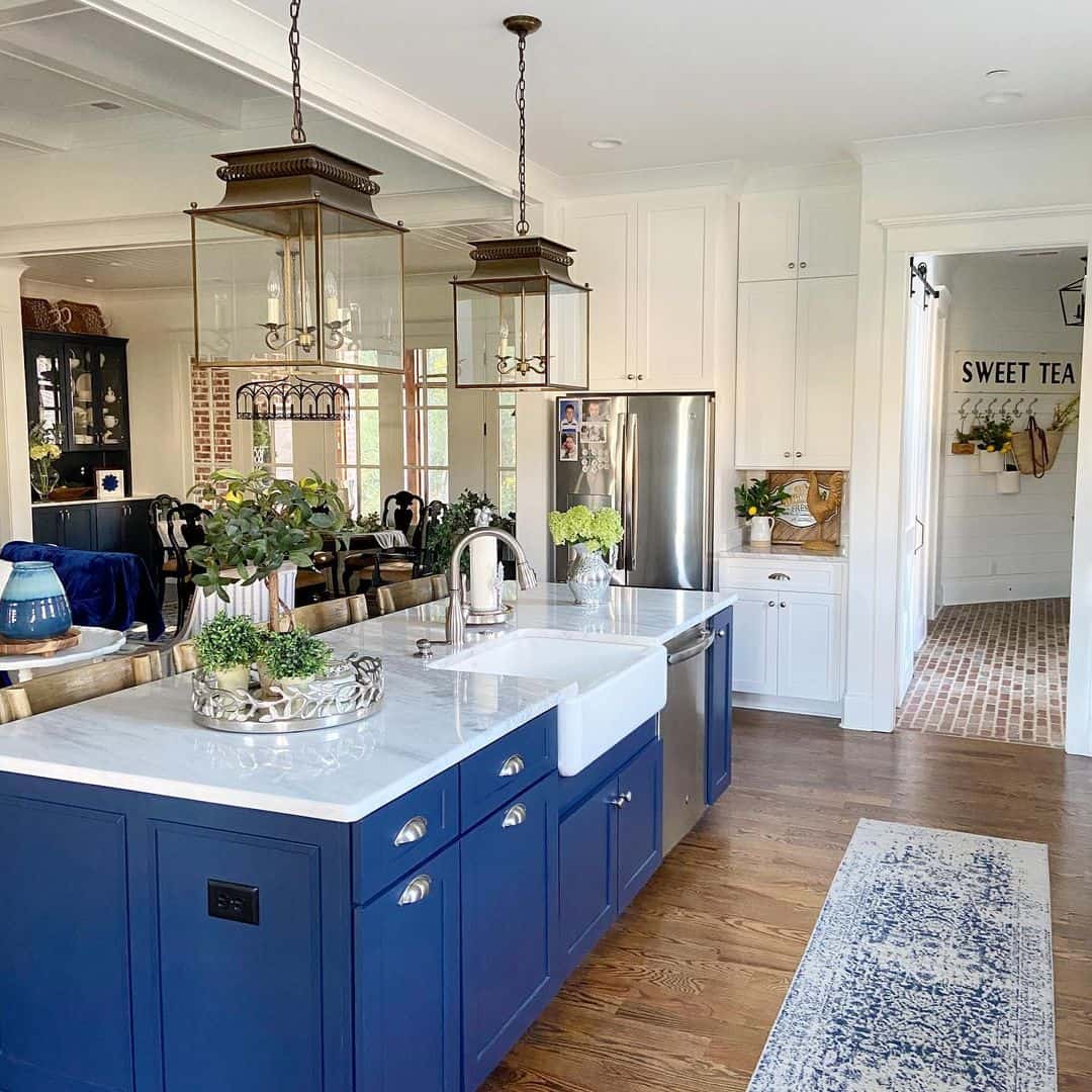 Deep Blue Island Cabinets With Cup Pull Hardware
