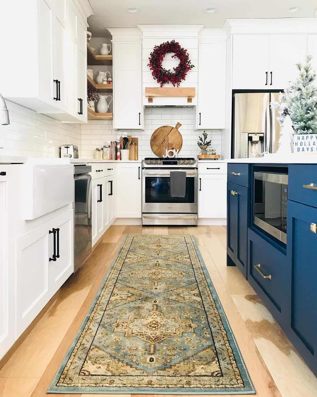 Deep Blue Island Cabinets Anchor the Farmhouse Kitchen
