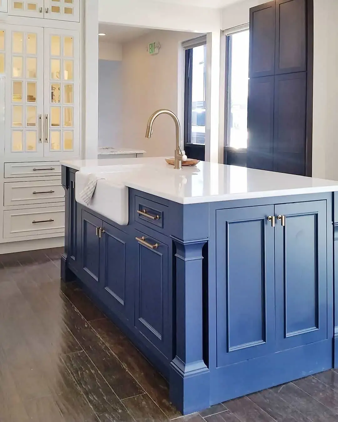 Deep Blue Island Base With Farmhouse Sink and Brass Hardware