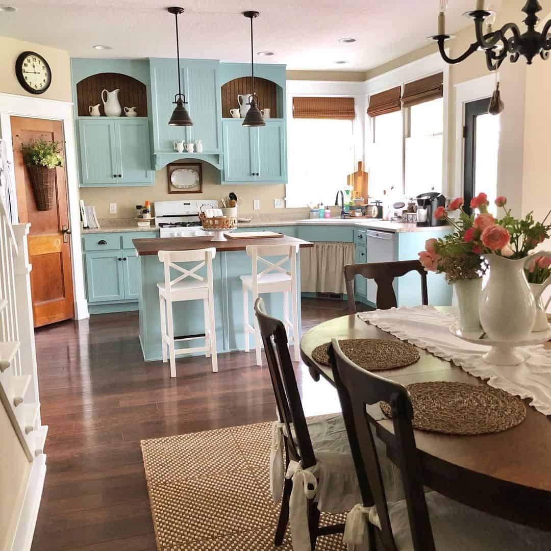 Pale Blue Cabinets Frame Wood-Tone Archways