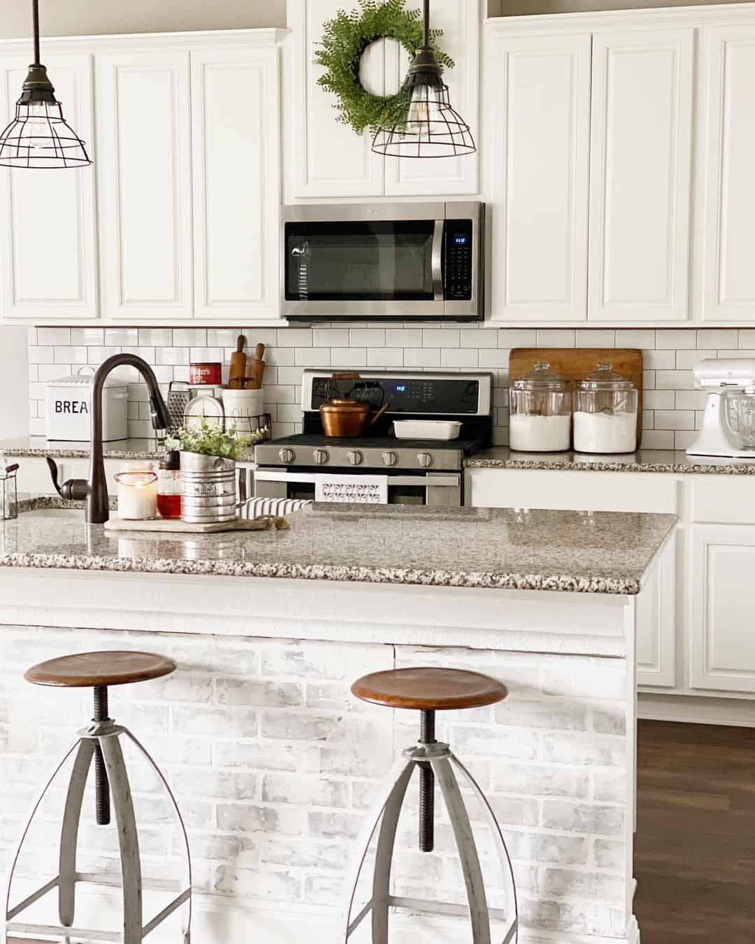 Distressed Brick Island Base Adds Rustic Texture to Seating Area