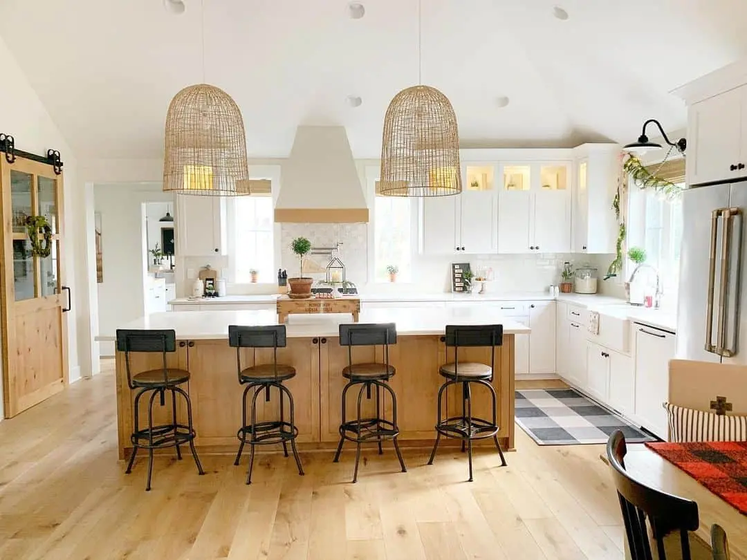 Natural Woven Pendant Lights Frame the Island
