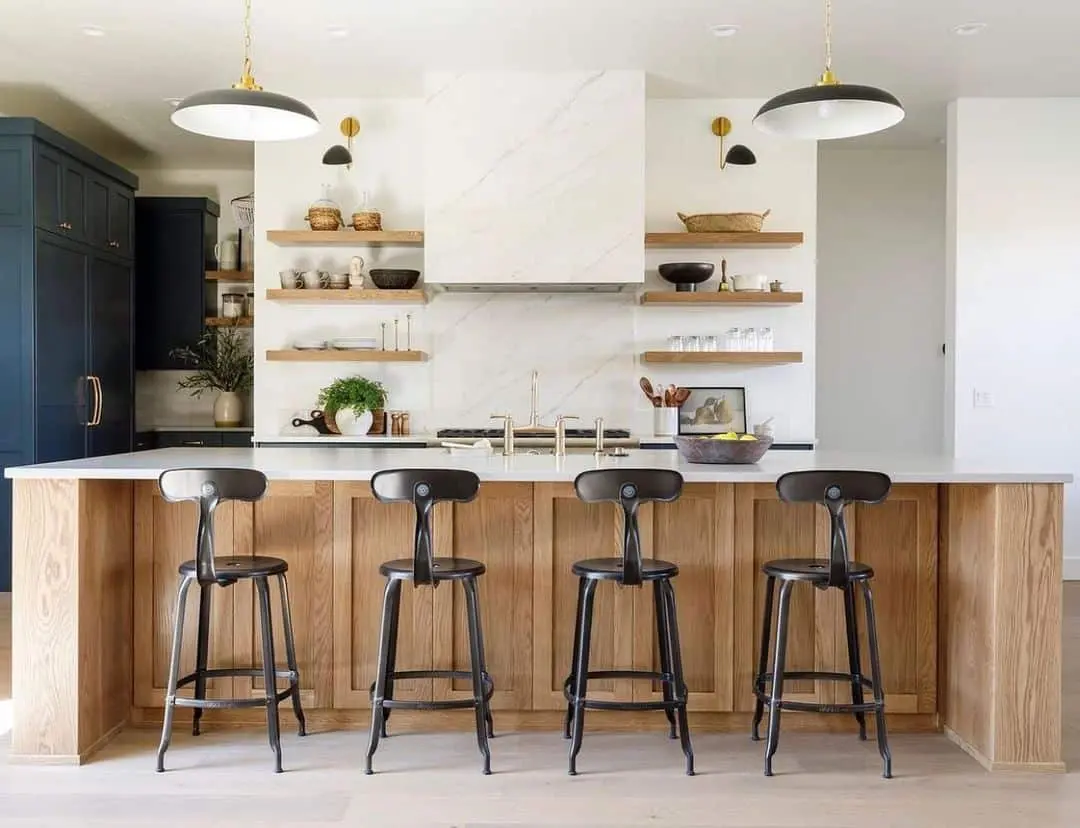 Natural Wood Island Base With Industrial-Style Black Stools
