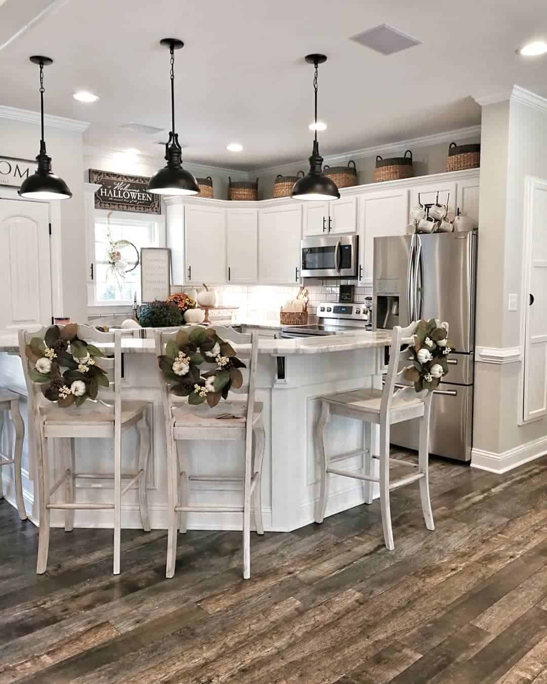 Seasonal Wreaths Adorn Bar Stool Backs for Festive Flair