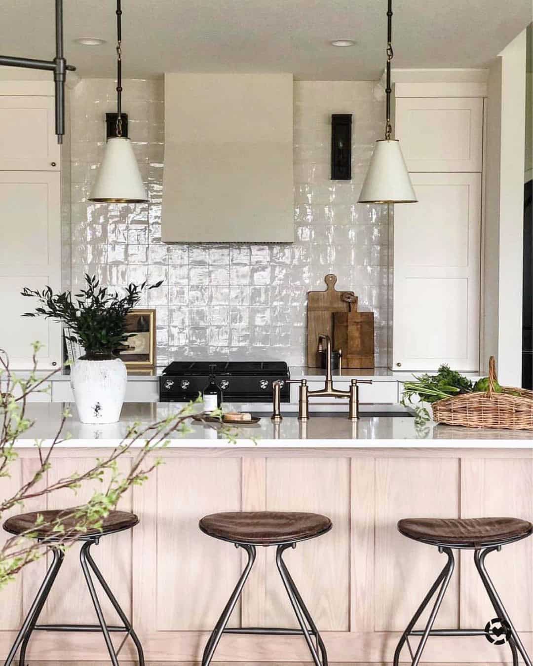 Light Wood Paneling on Island Base Adds Natural Texture
