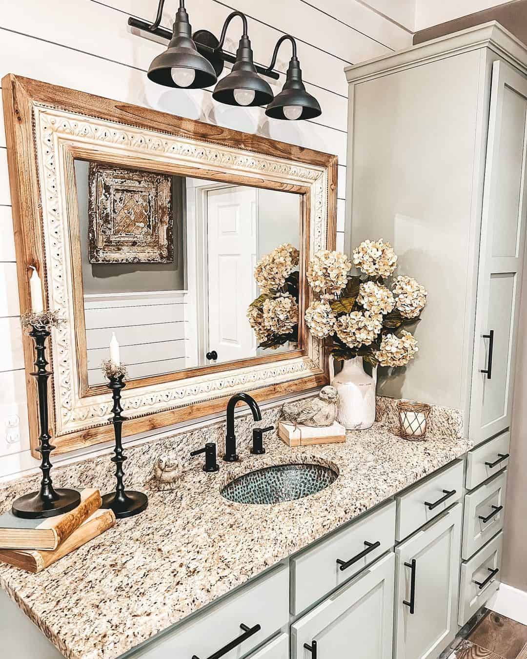 Ornate Wood Mirror Frames a Textured Farmhouse Vanity