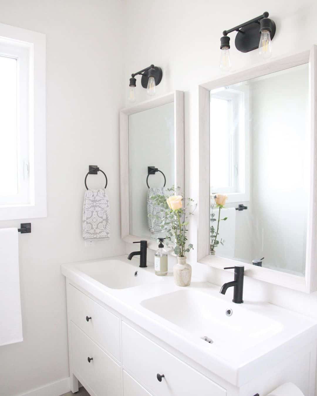 White Vanity With Twin Sinks And Light Wood Mirrors