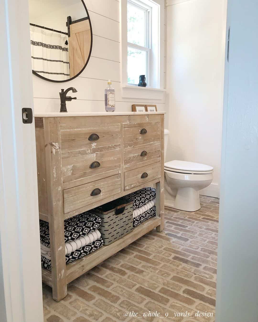 Distressed Wood Vanity With Open Shelving for Towels