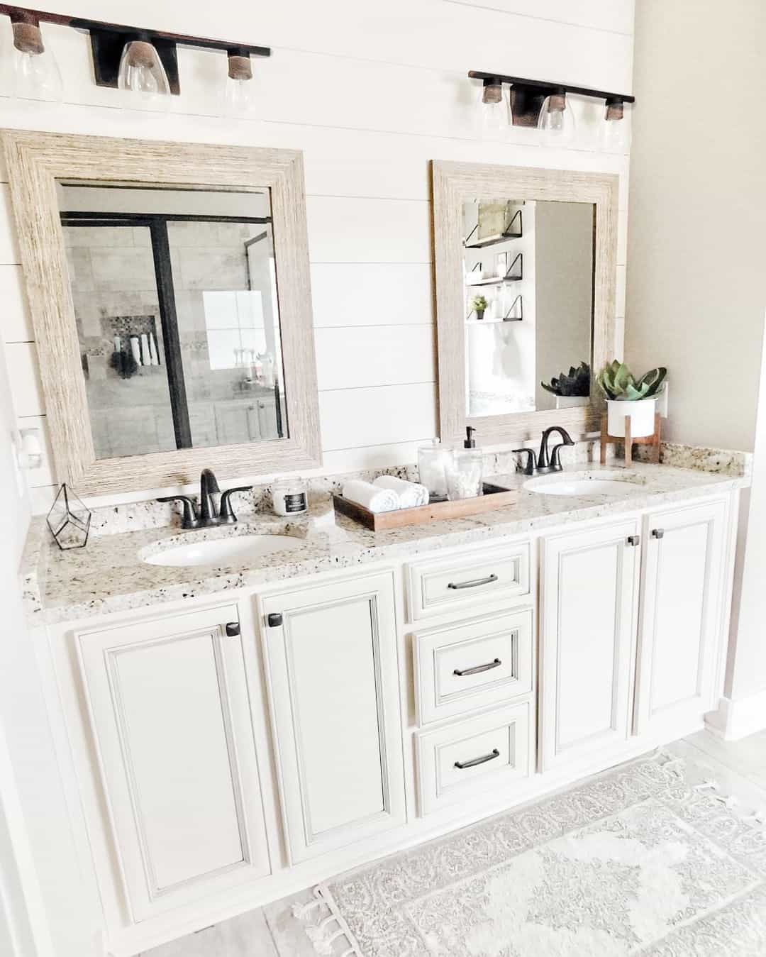 Whitewashed Wood Mirror Frames Echo Shiplap Walls