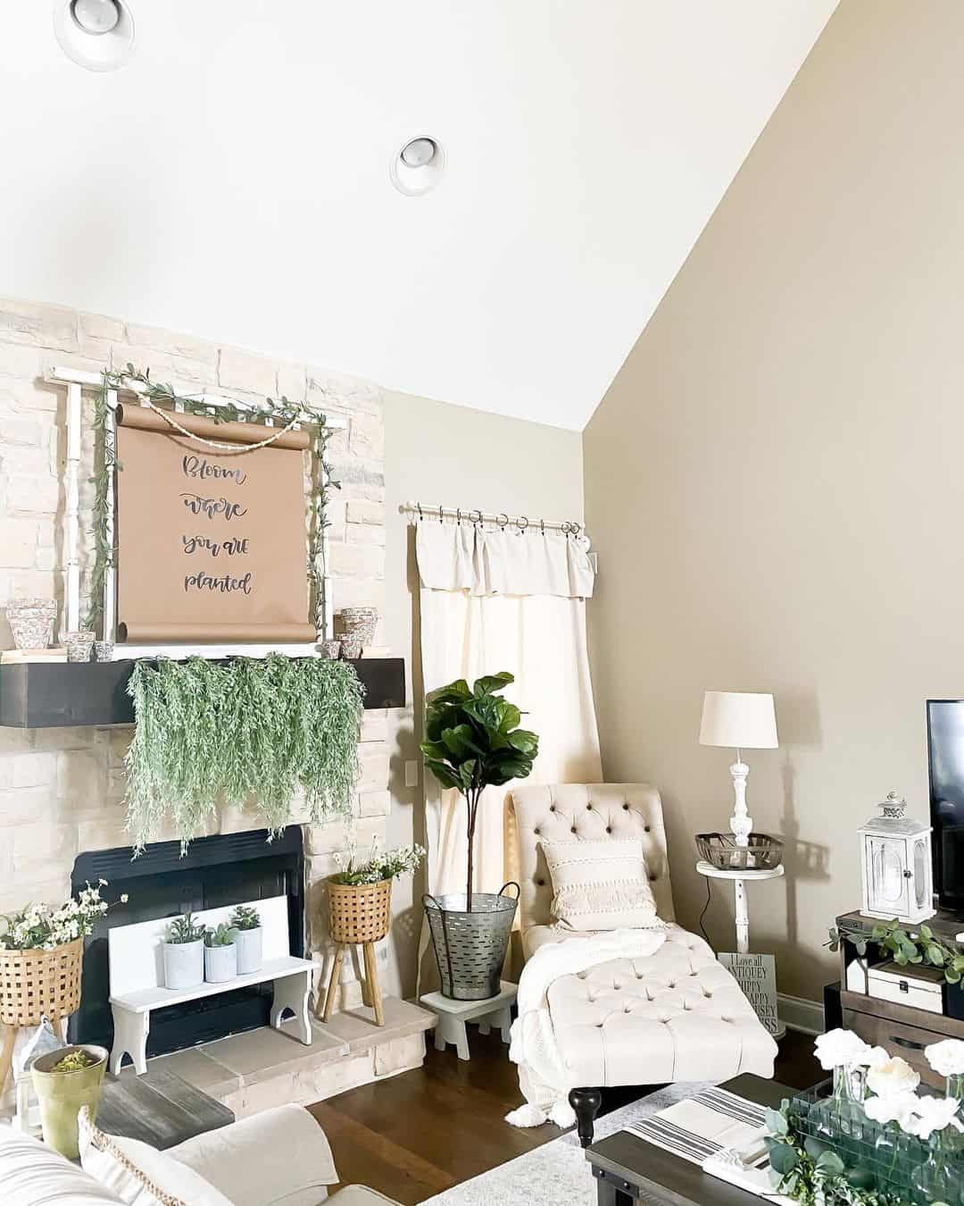 Scroll Artwork with Greenery Adds Whimsy to Mantel
