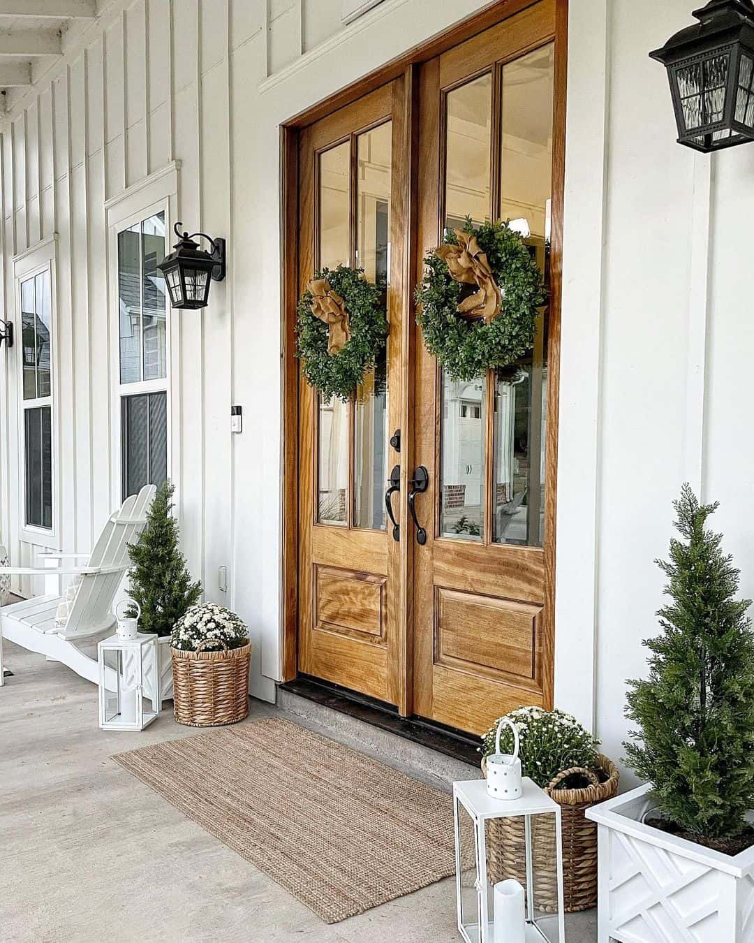 Symmetrical Boxwood Wreaths with Burlap Bows