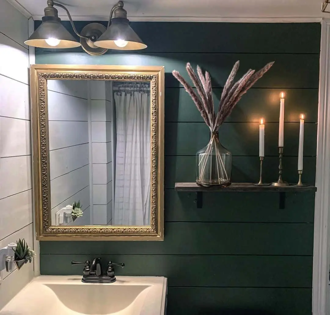 Deep Green Shiplap Walls Frame a Gold Mirror