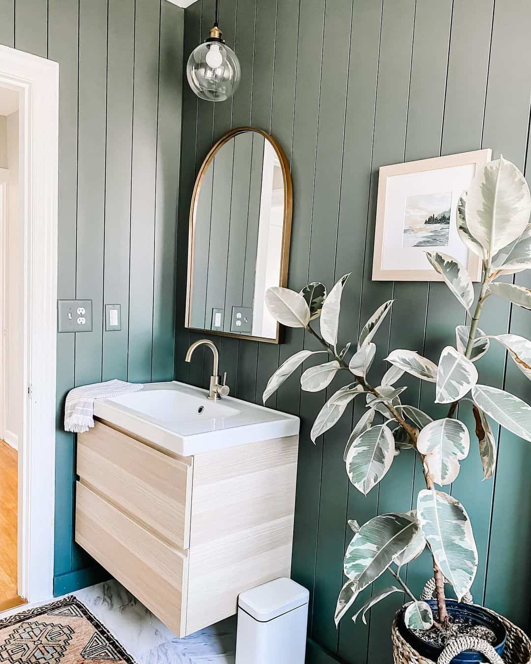 Vertical Green Paneling for a Textured Bathroom Backdrop